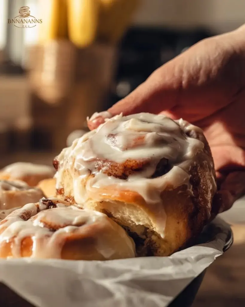 Delicious vegan cinnamon rolls freshly baked and drizzled with icing.