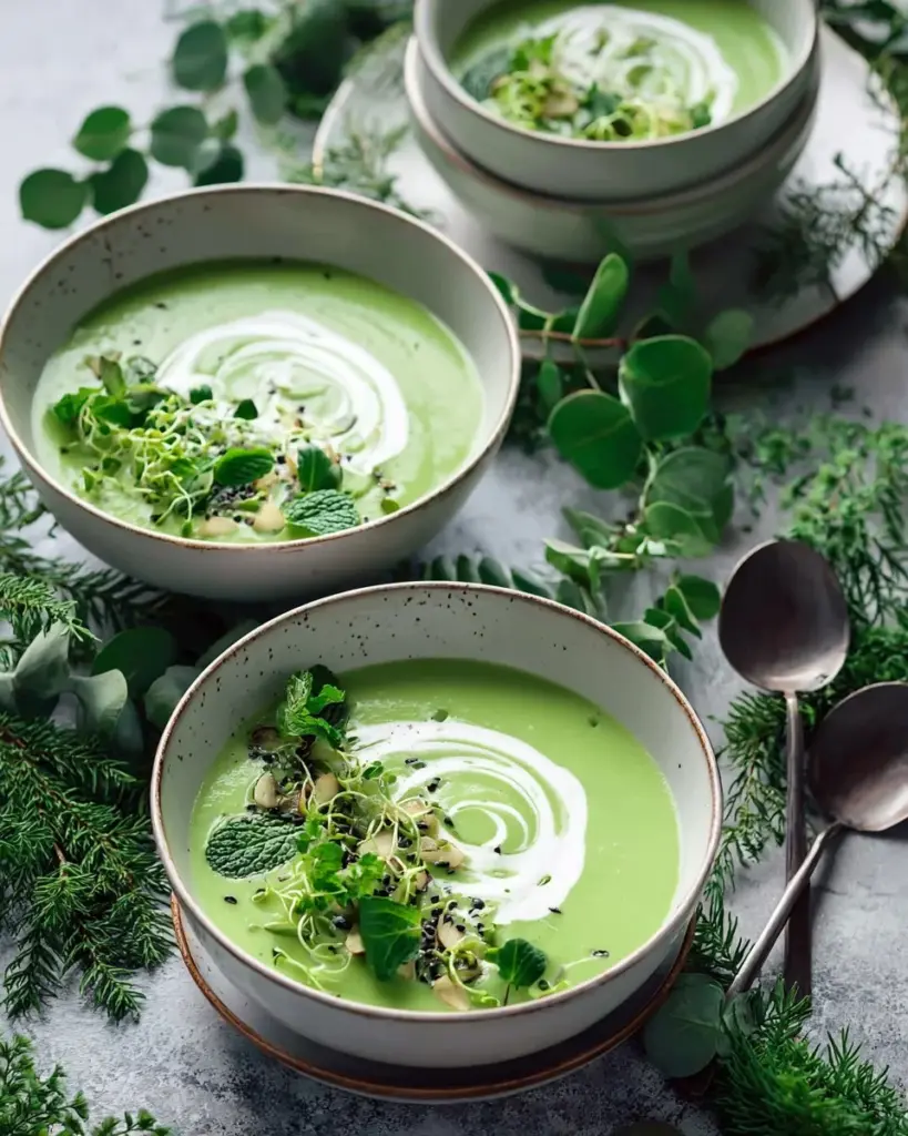 Bowl of Vegan Green Goddess Soup garnished with herbs and fresh vegetables.