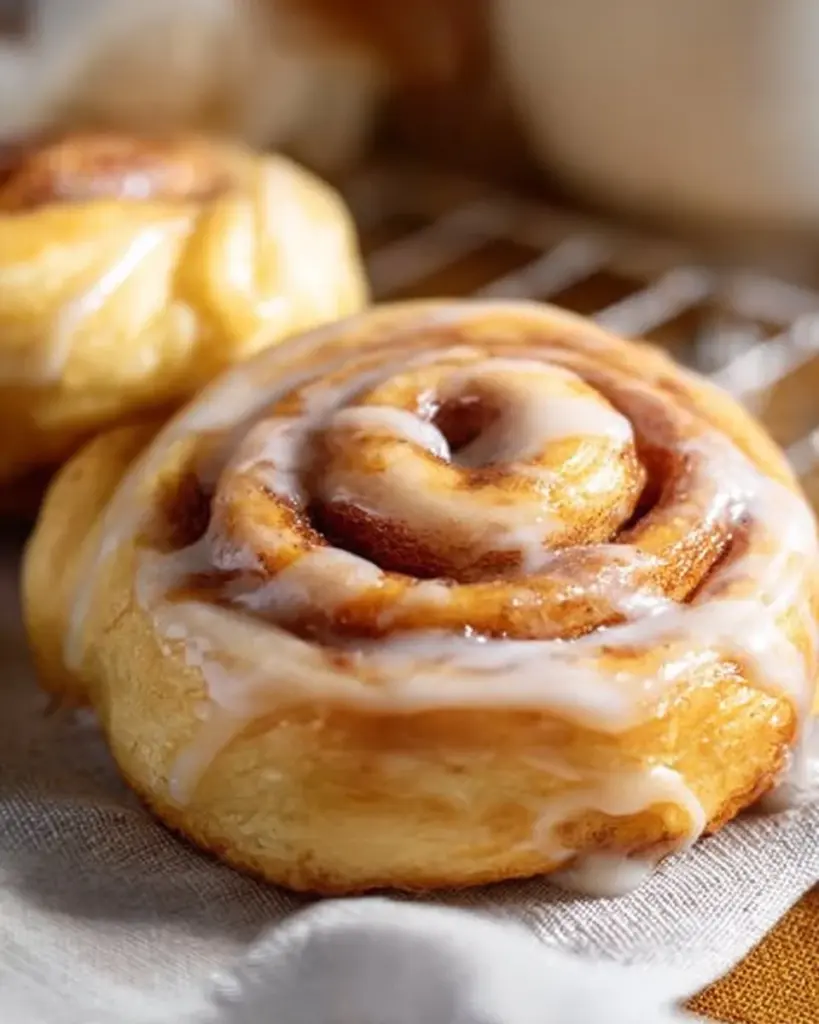 Vegan honey buns topped with a sweet glaze on a rustic wooden table