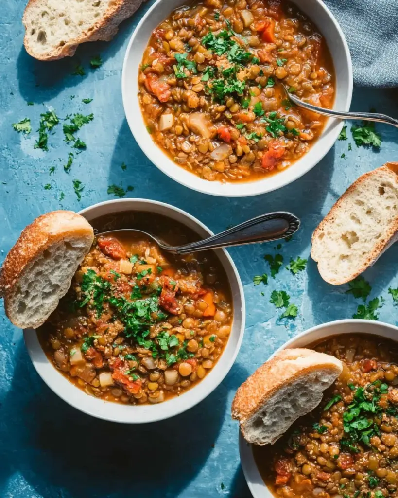 Vegan Instant Pot Lentil and Cabbage Soup in a bowl with fresh herbs.