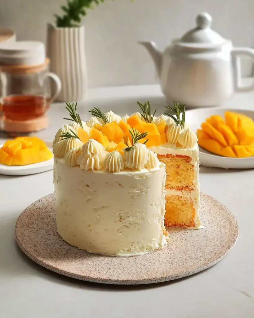 Delicious Vegan Mango Coconut Cake topped with fresh mango and coconut flakes