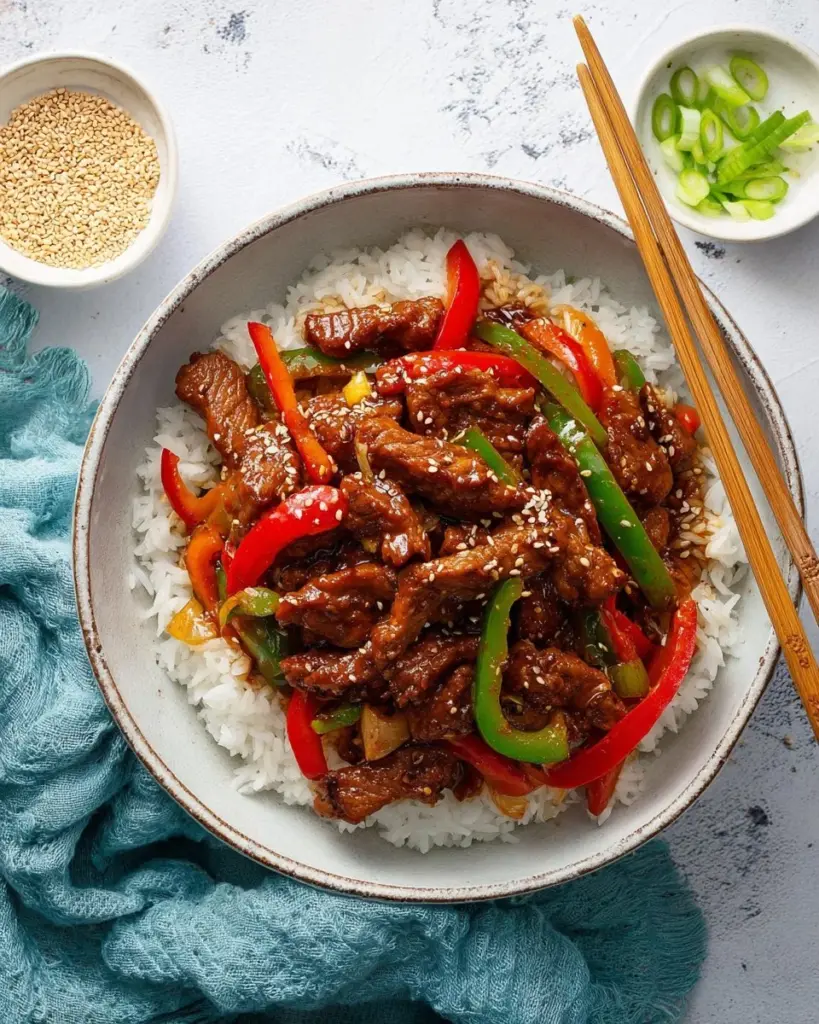 Delicious Vegan Pepper Steak served with colorful bell peppers and spices
