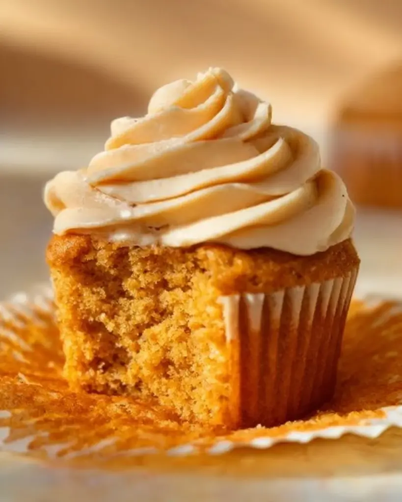 Delicious vegan pumpkin cupcakes topped with creamy frosting on a wooden table.