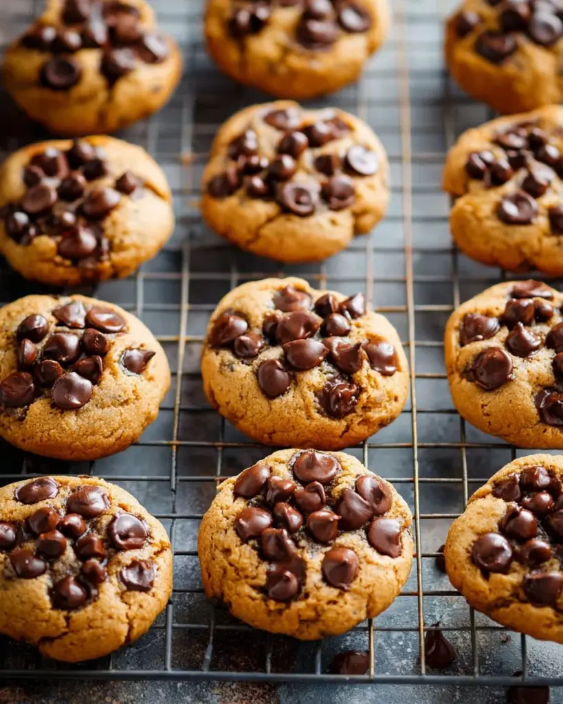 Vegan pumpkin tahini chocolate chip muffins on a rustic wooden table.
