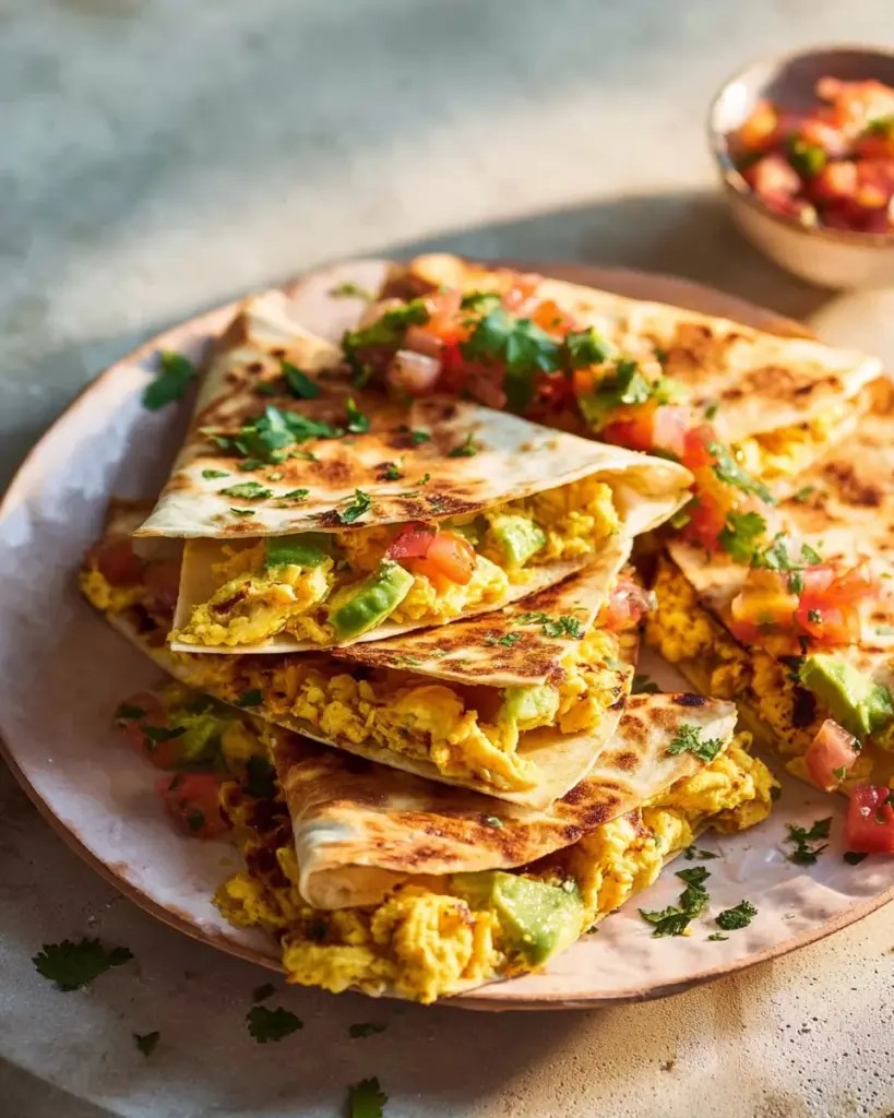 Delicious Vegan Quesadillas with Mushroom Bacon served on a plate.