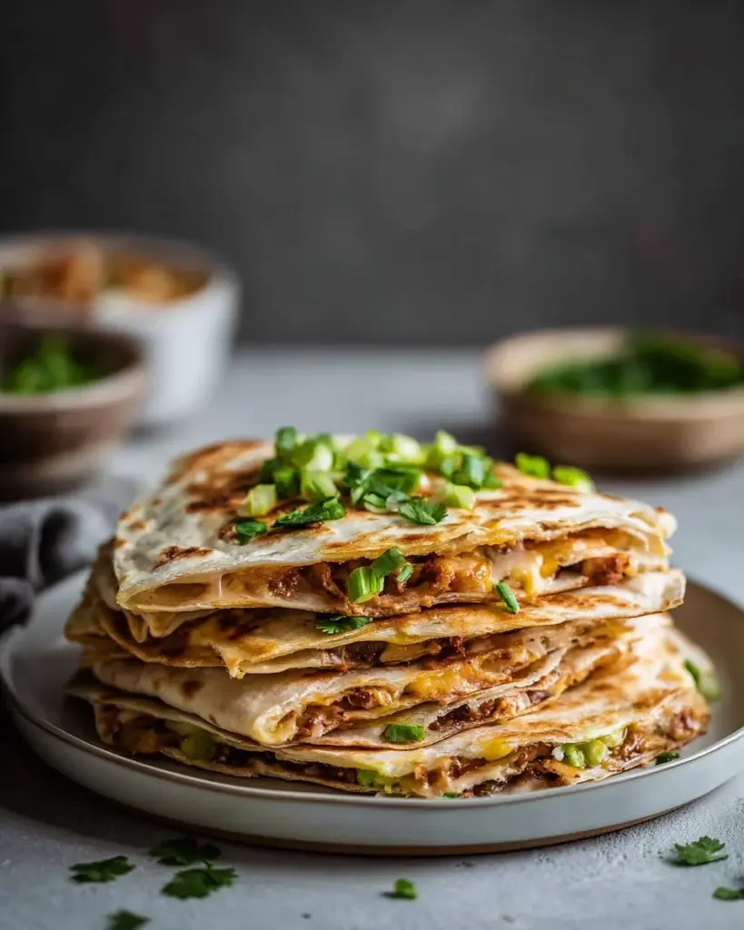 Vegan quesadillas with smoky cheese and refried beans on a plate