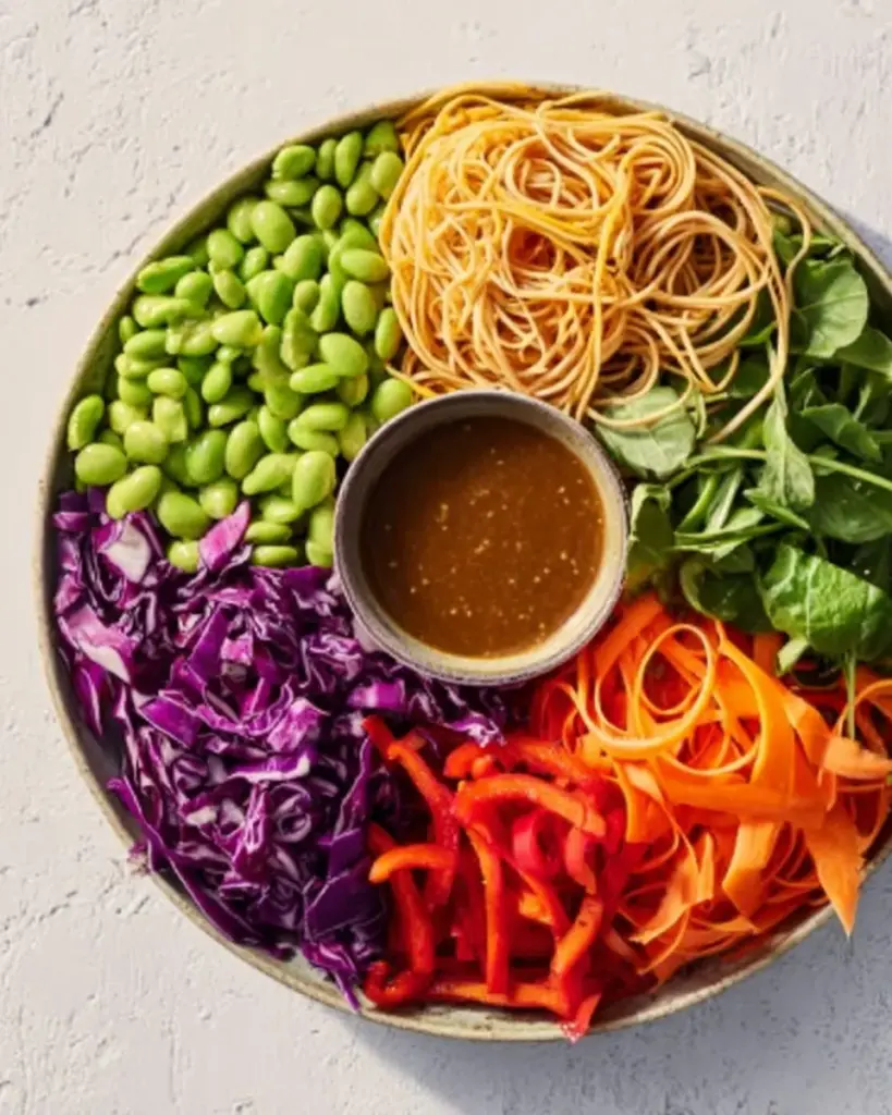 Vegan Rainbow Peanut Noodles topped with fresh vegetables and peanut sauce