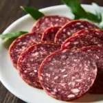 Sliced vegan salami on a wooden board with herbs and spices