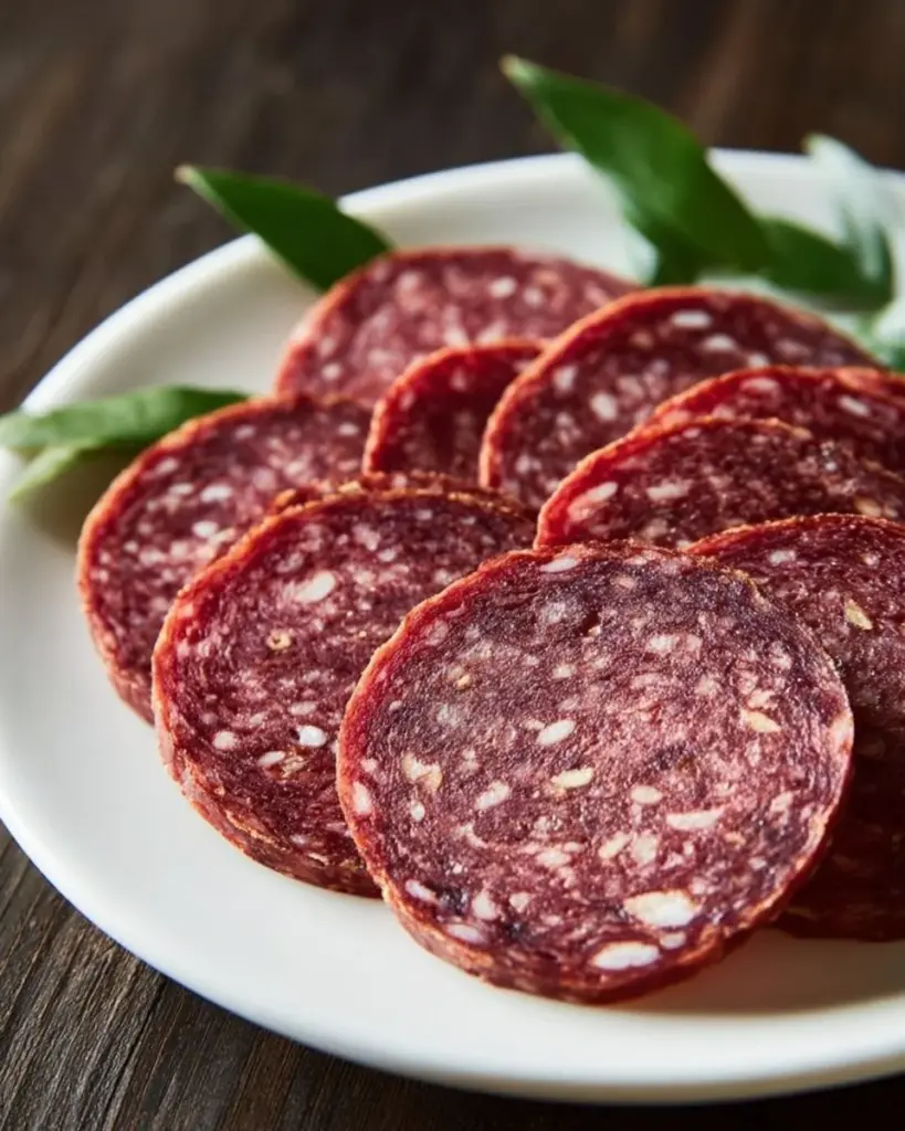 Sliced vegan salami on a wooden board with herbs and spices