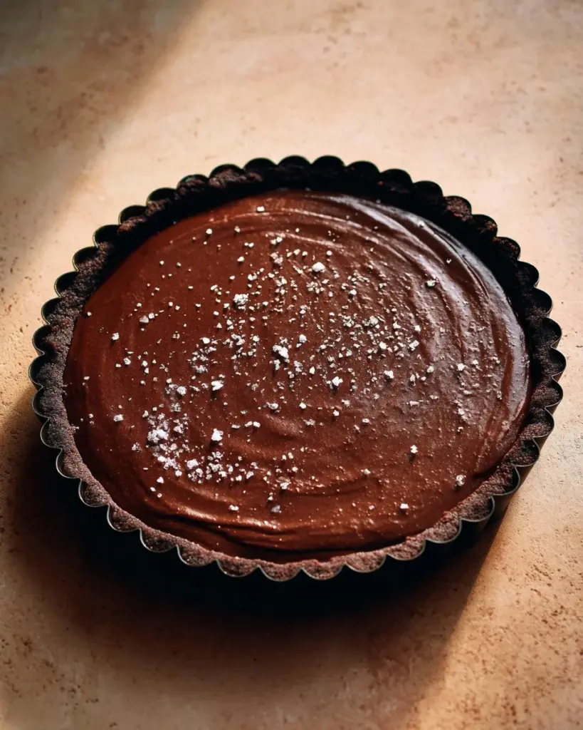 Vegan Chocolate Tart with salted chocolate cream and a rich crust