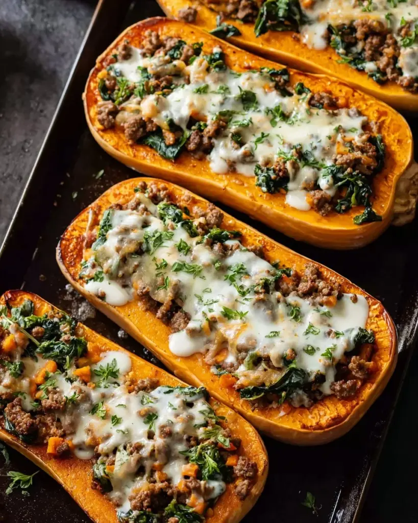 Vegan sausage stuffed butternut squash dish garnished and ready to serve