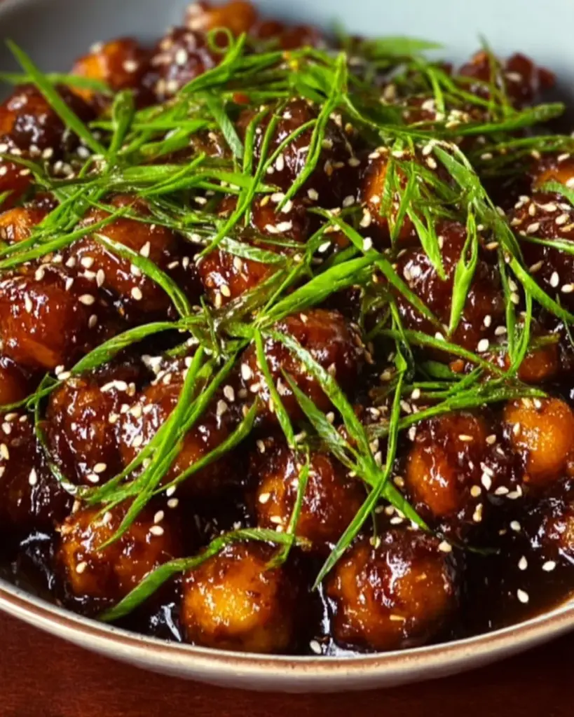 Bowl of vegan sticky sesame chickpeas garnished with sesame seeds