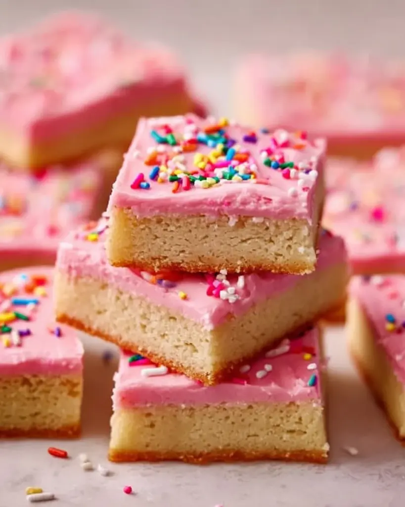 Delicious vegan sugar cookie bars topped with sprinkles on a white plate.