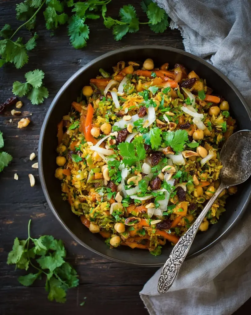 A bowl of vibrant Vegetable Biryani topped with fresh herbs and spices.