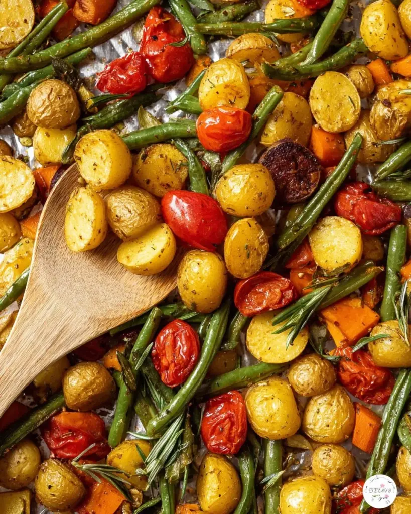 Colorful vegetable sheet pan dinner with a variety of roasted vegetables