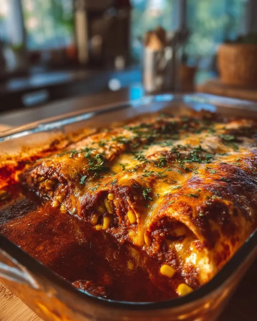 Vegetarian black bean enchiladas topped with cheese and fresh cilantro