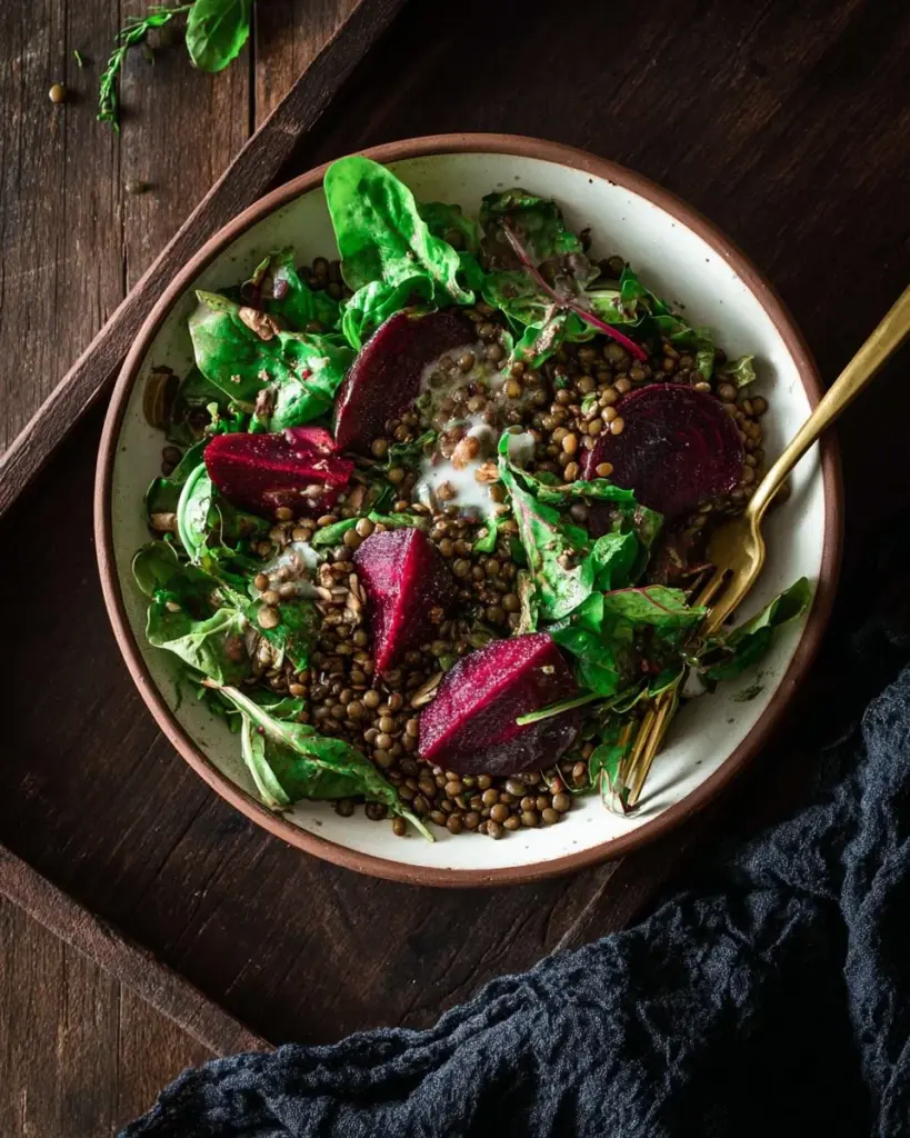 Warm lentils with wilted chard, roasted beets, and goat cheese on a plate.