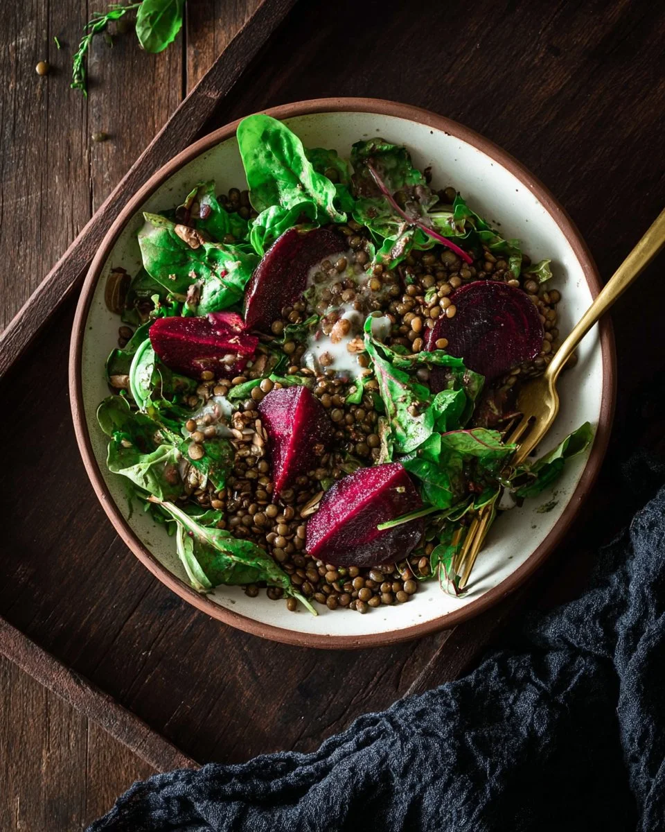 Warm Lentils with Wilted Chard, Roasted Beets and Goat Cheese