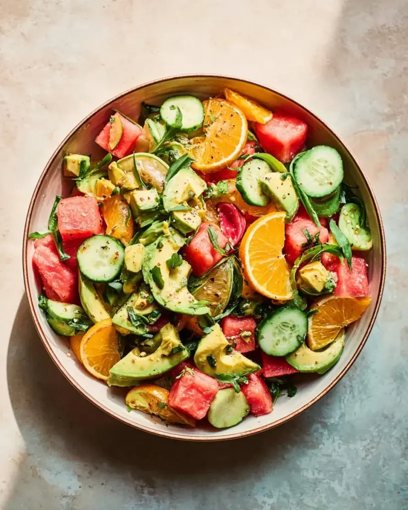 Watermelon cucumber salad with mint and basil in a colorful bowl