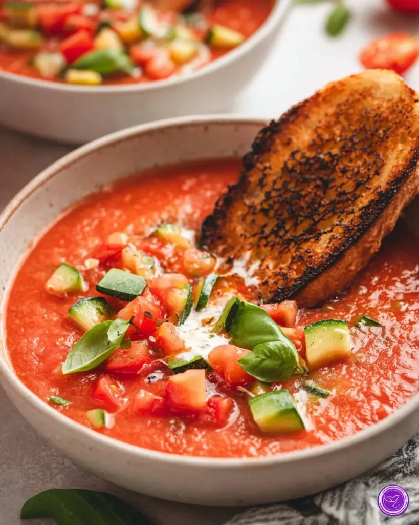 Bowl of fresh Watermelon Gazpacho garnished with herbs