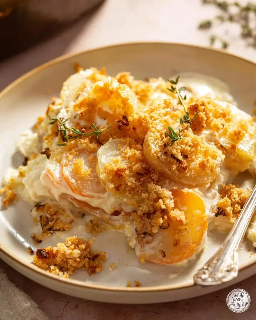 Yukon and Sweet Potato Gratin served in a dish with melted cheese on top