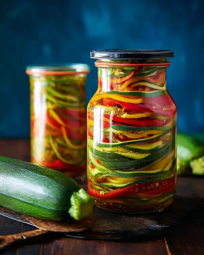 Jar of homemade zucchini pickles with fresh zucchini and spices
