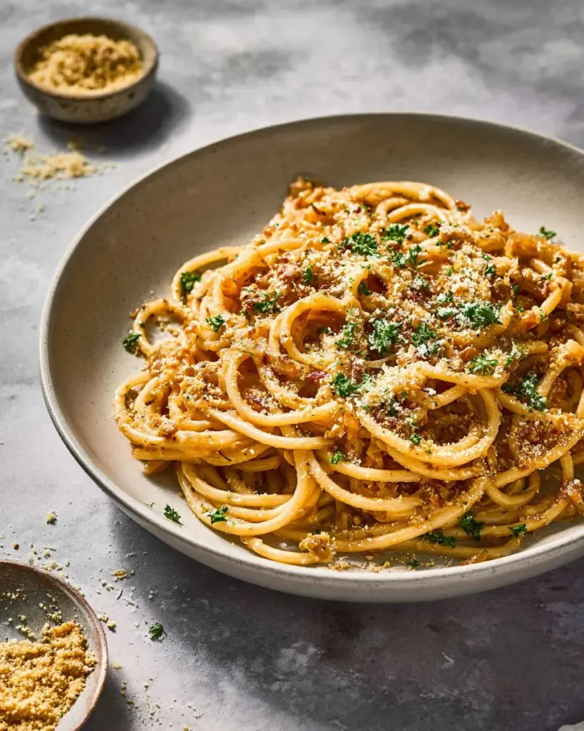 Bowl of creamy vegan pasta with fresh herbs and ingredients