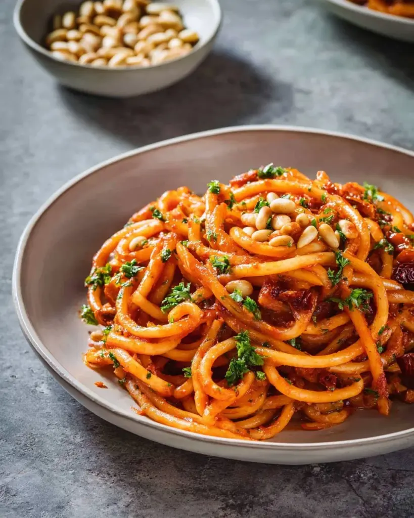 Delicious caramelized onion pasta dish garnished with herbs