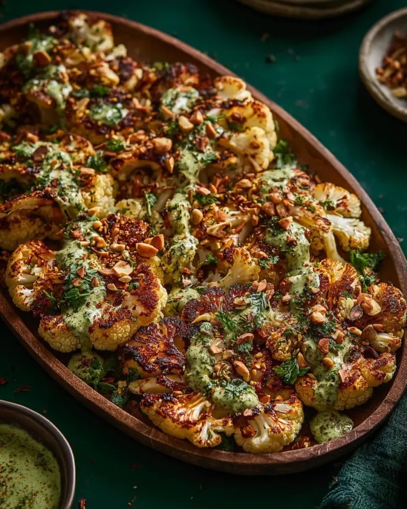 Grilled cauliflower steaks topped with caramelized shallots on a plate