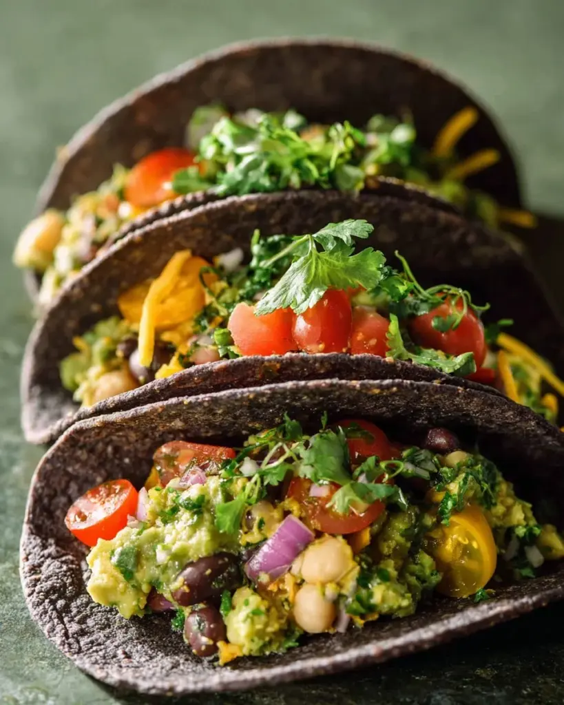 Colorful ceviche salad with guacamole served in hard taco shells