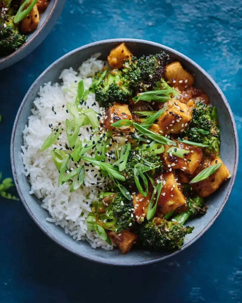 Delicious Chinese takeout-style tofu and broccoli served with rice
