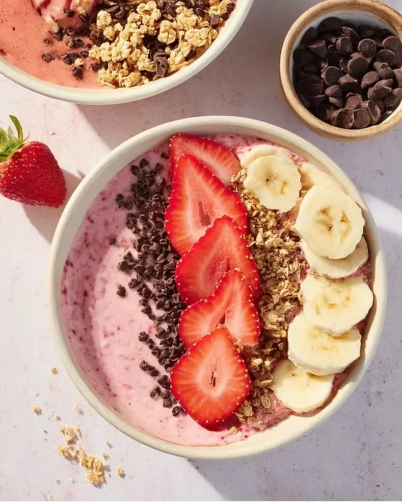 Delicious creamy smoothie bowl topped with fresh fruits and granola