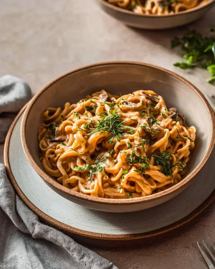 Creamy vegan mushroom stroganoff served in a bowl with fresh parsley garnish