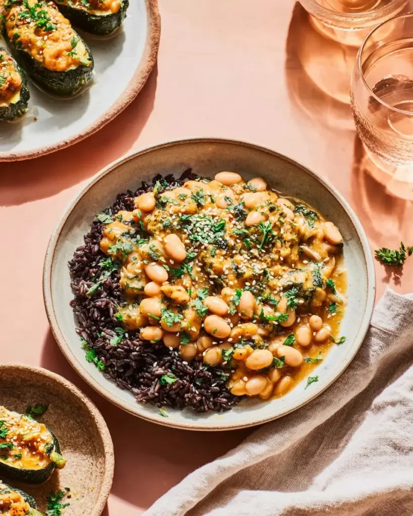 Creamy white beans with kale and wild rice served in a bowl