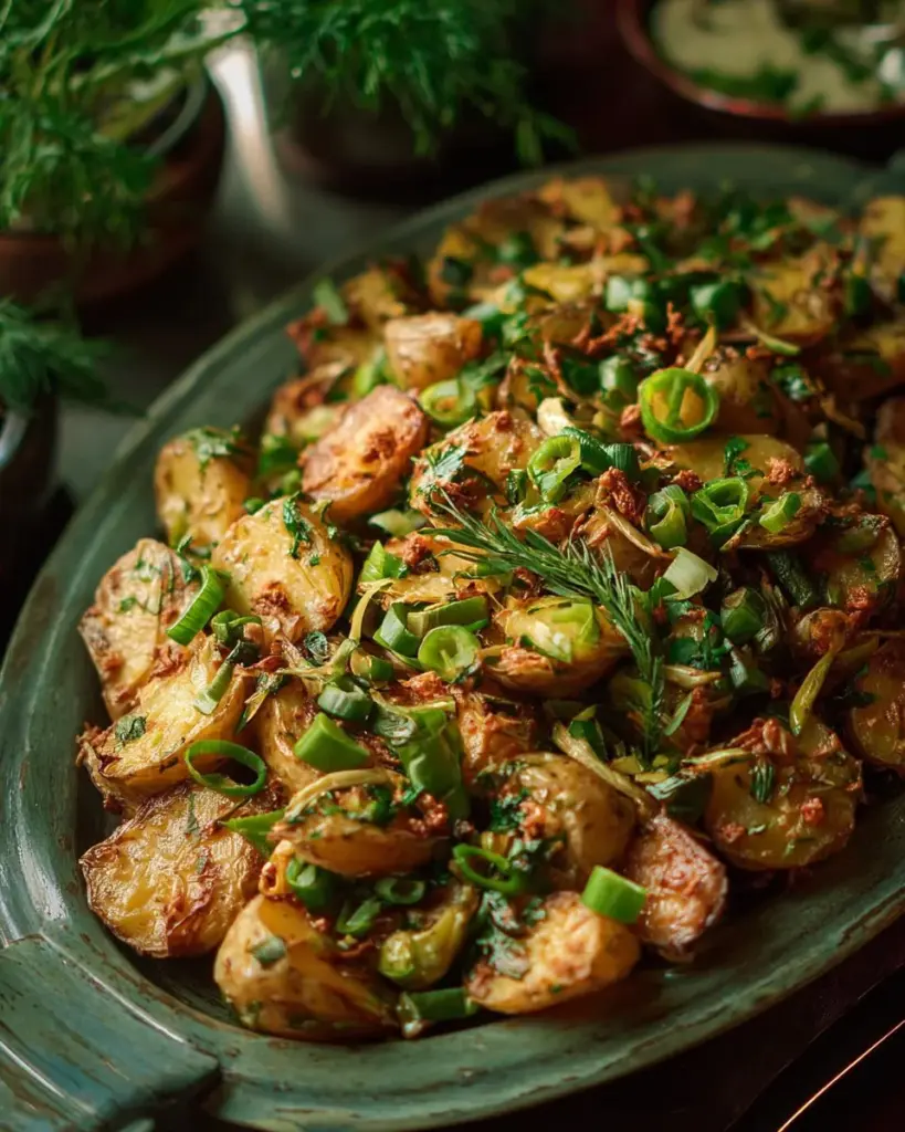 Crispy smashed potatoes drizzled with ginger-tahini dressing, ready to serve
