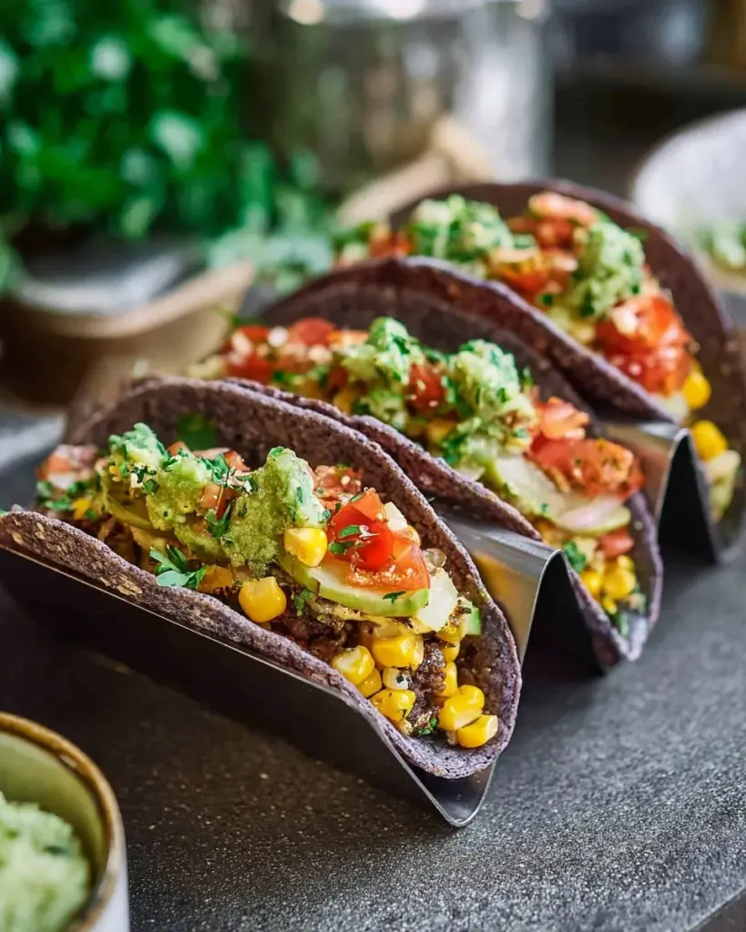 Delicious double wrapped black bean and corn salad tacos on a wooden table.