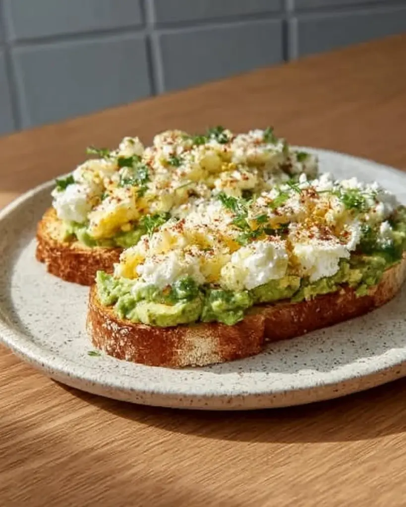 Delicious grated egg avocado toast topped with fresh herbs on a plate.