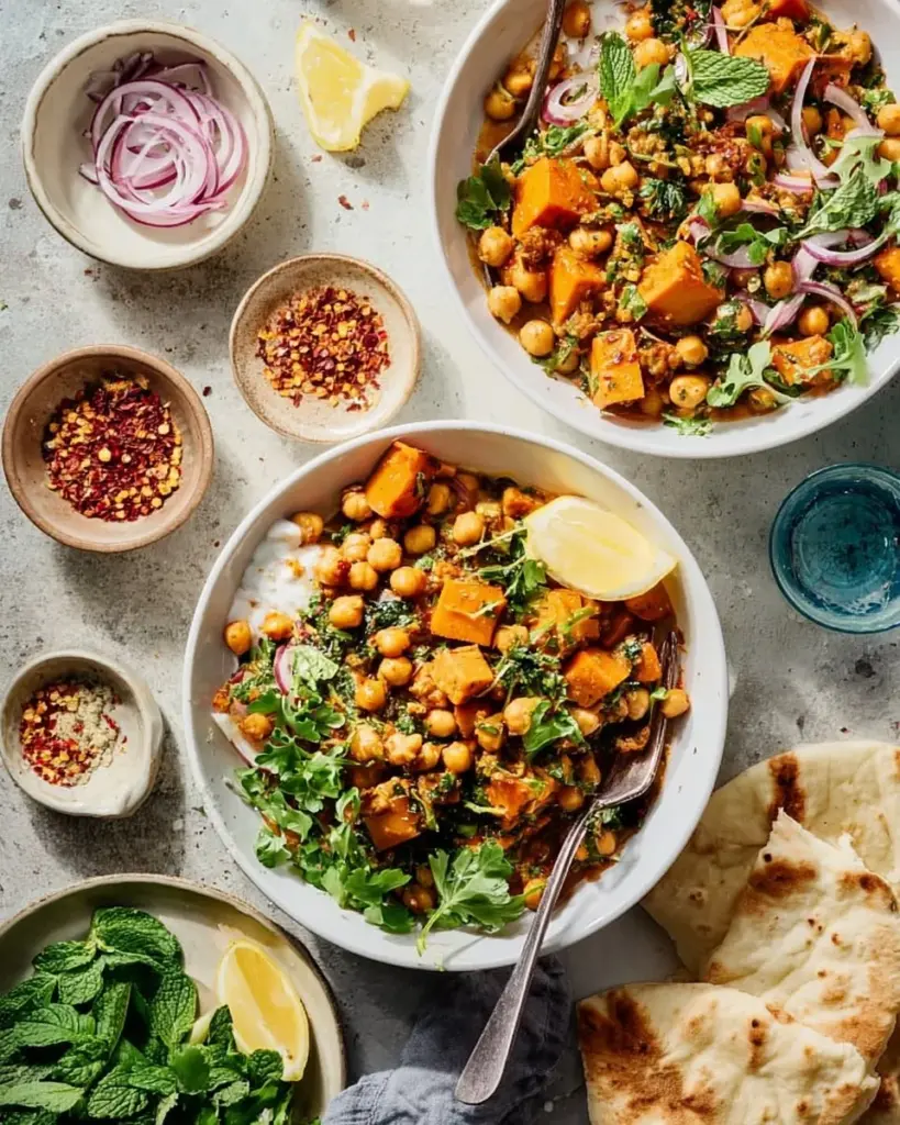 Bowl of Indian Chickpea Sweet Potato Stew garnished with fresh herbs.