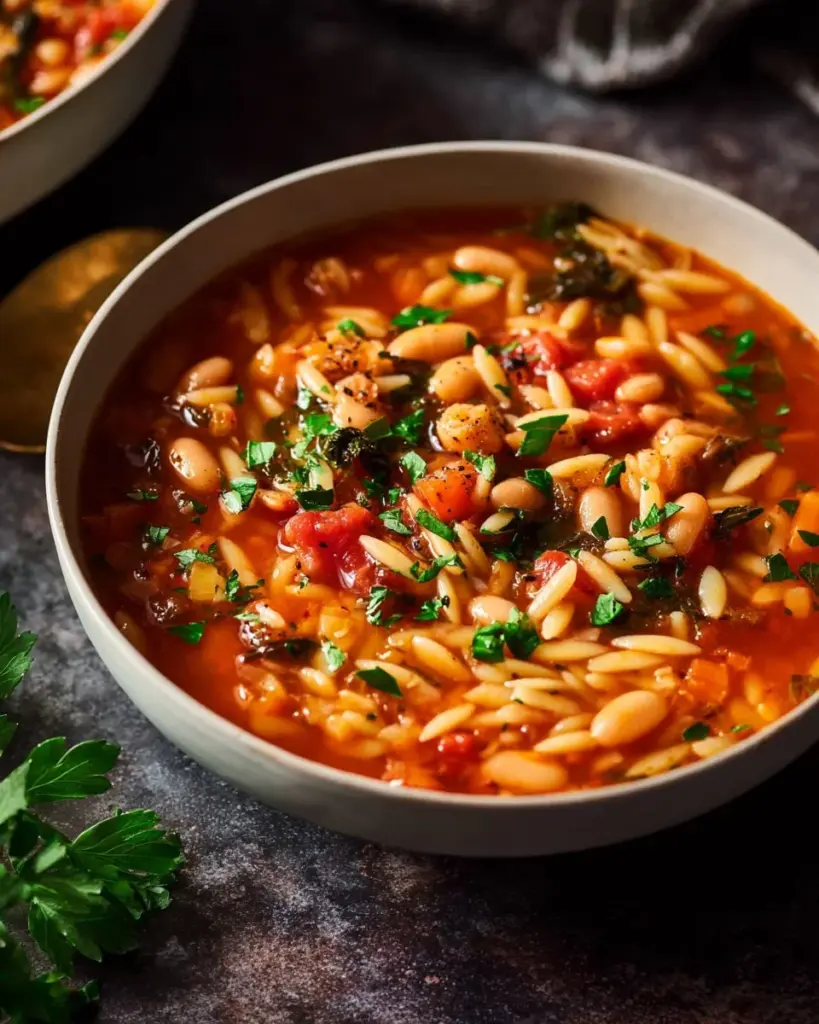 Bowl of Instant Pot Chickpea Orzo Soup with fresh herbs and vegetables
