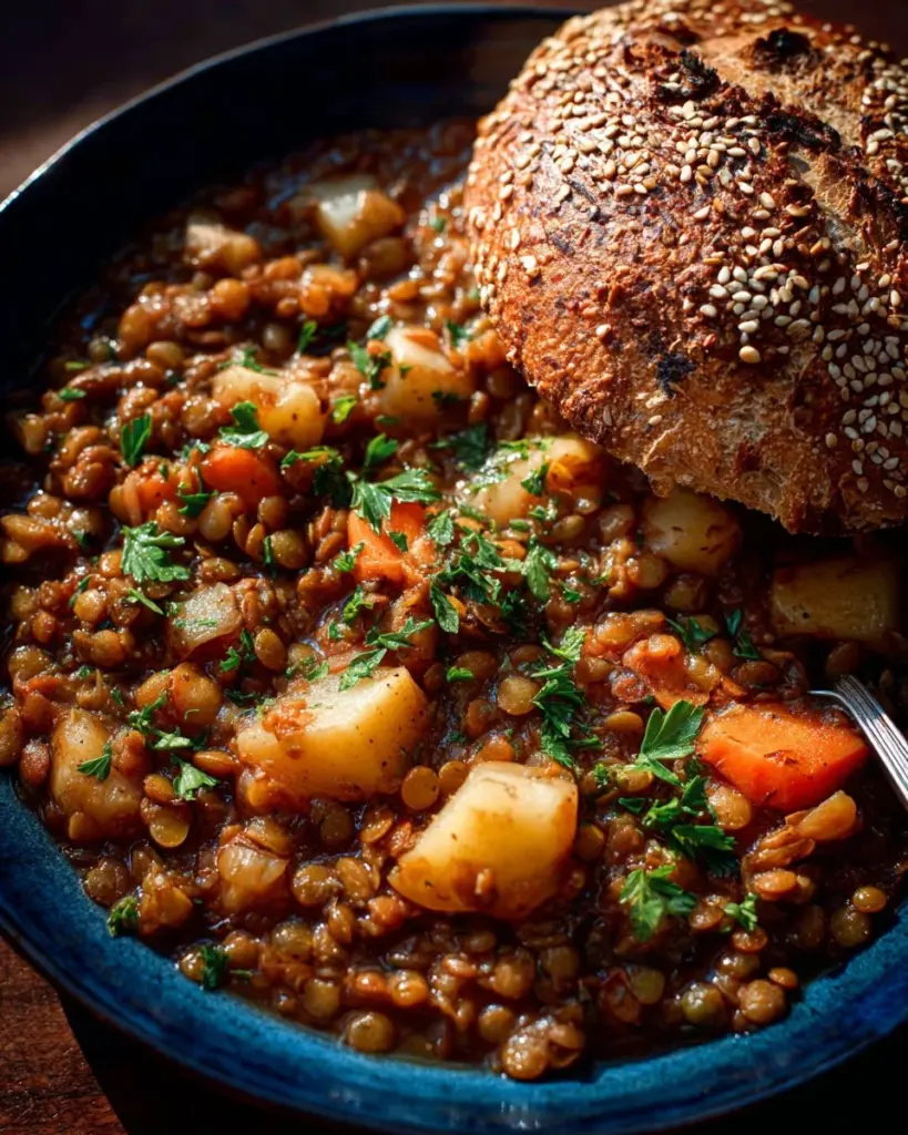 Bowl of Instant Pot lentil soup garnished with herbs and served with bread