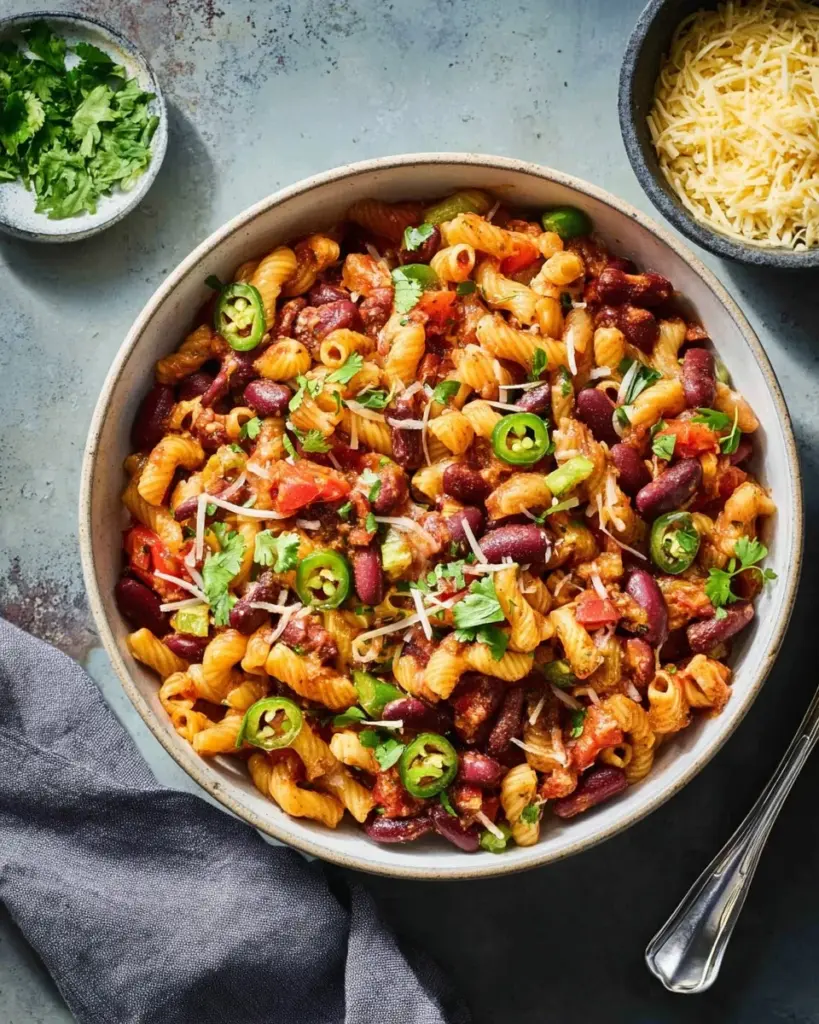 One-Pot Vegan Chili Mac in a bowl, garnished with fresh herbs.