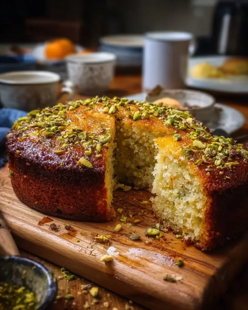 Orange cardamom pistachio tea cake with slices and vibrant colors, ideal for tea time.