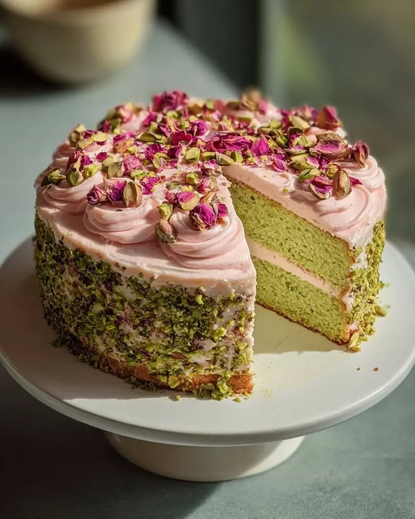 Pistachio Rose Cardamom Cake with edible roses and pistachios on a white plate