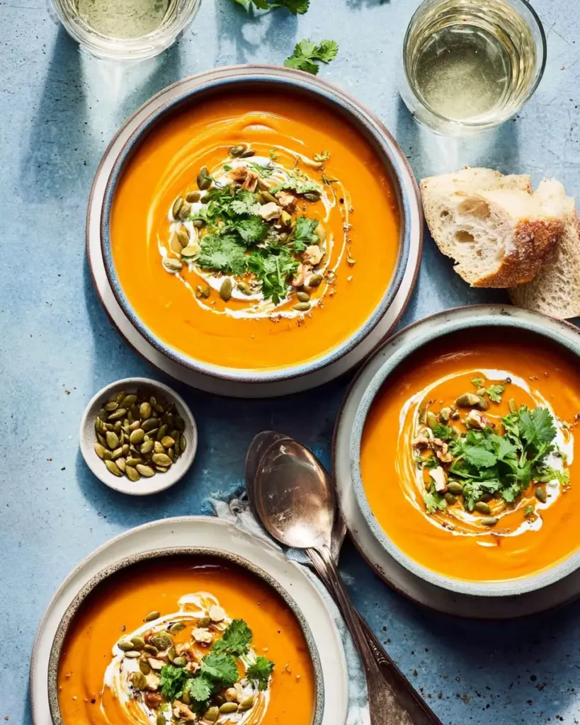 Bowl of spicy Instant Pot carrot harissa soup topped with fresh herbs.