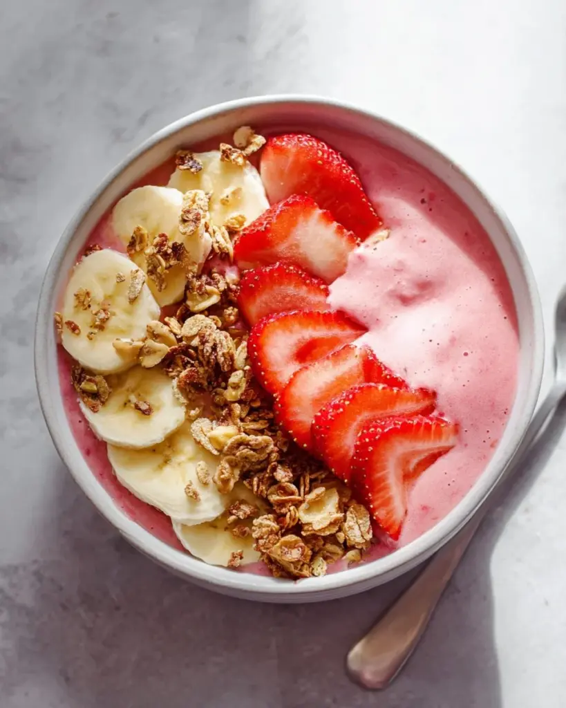 Delicious strawberry smoothie bowl topped with fresh strawberries and granola.