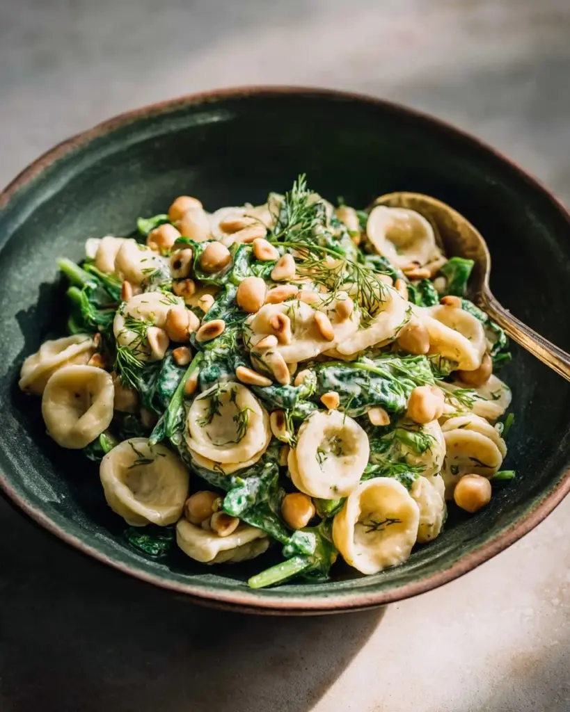 Tahini and greens pasta salad with fresh ingredients in a bowl