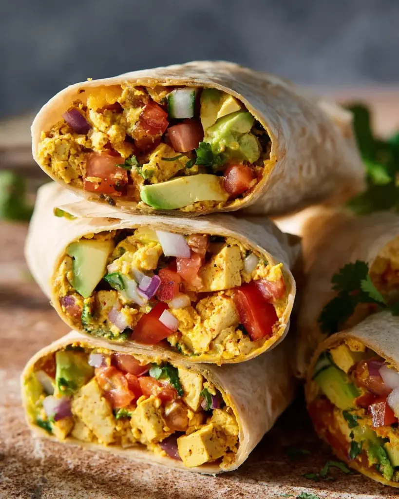 Delicious vegan breakfast burritos filled with fresh vegetables and beans
