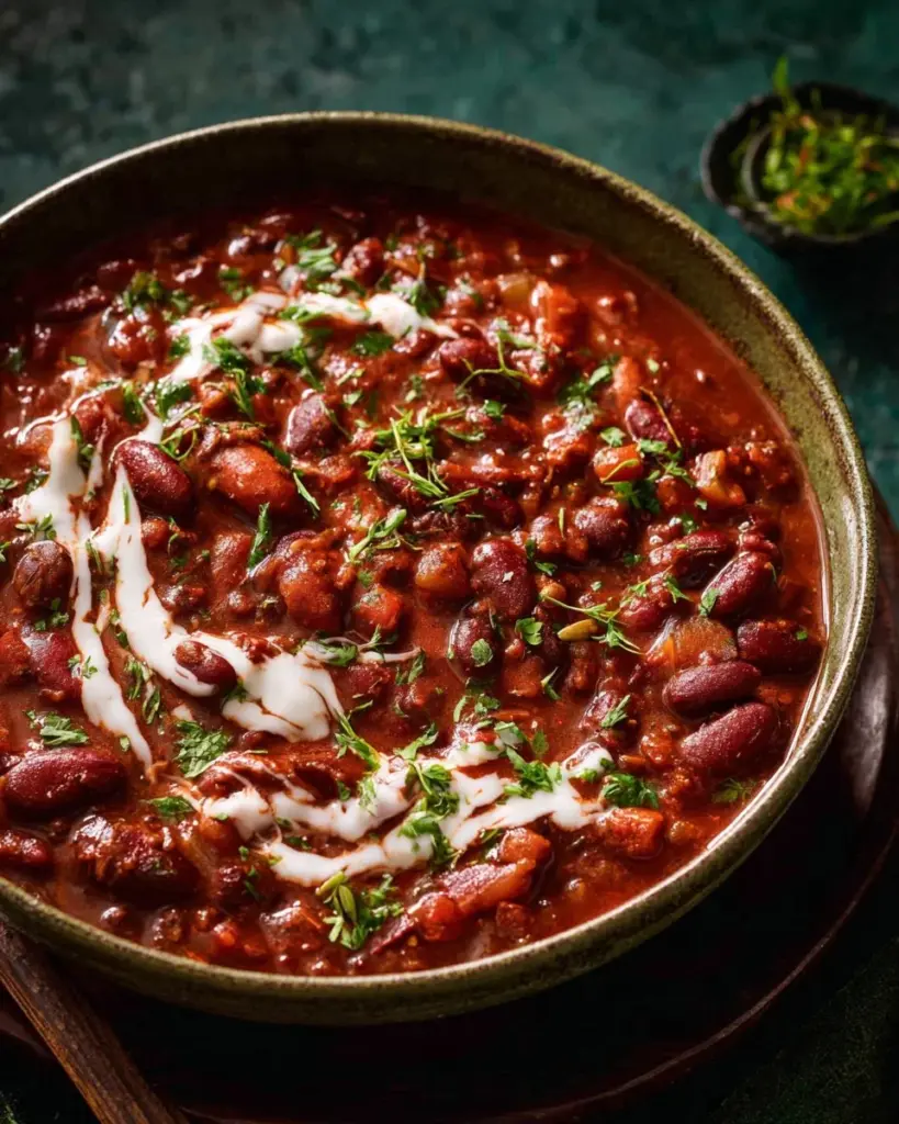 Delicious bowl of the best vegan chili topped with avocado and cilantro