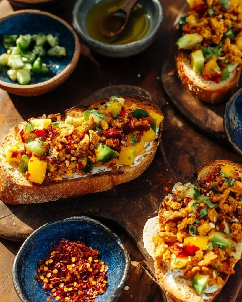 A vibrant plate of Tofu Bhurji garnished with herbs and spices.