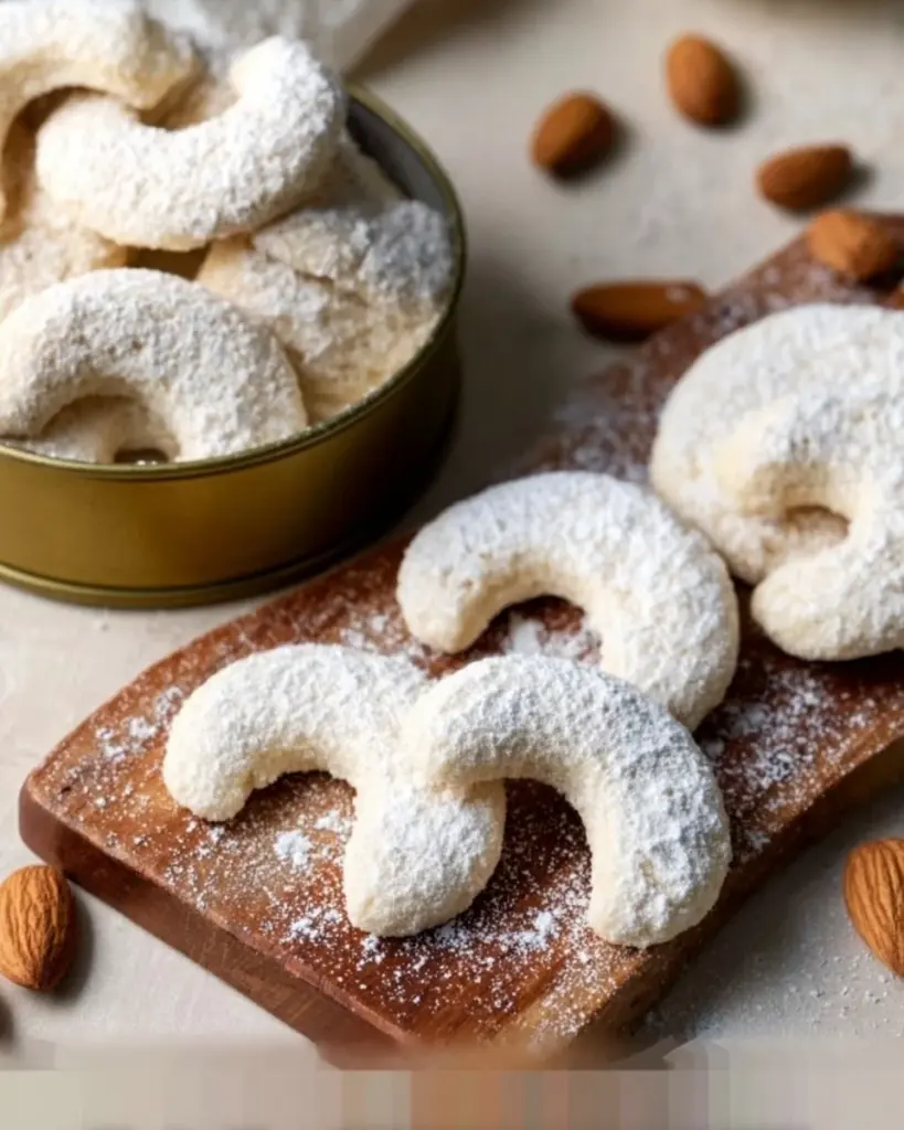 Plate of delicious vanilla crescent cookies dusted with powdered sugar